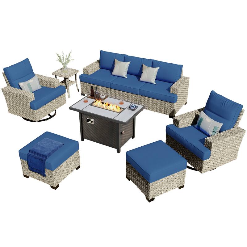 HOOOWOOO 9-piece Wicker Patio Furniture Swivel Rocking Chair Set with Fire Pit