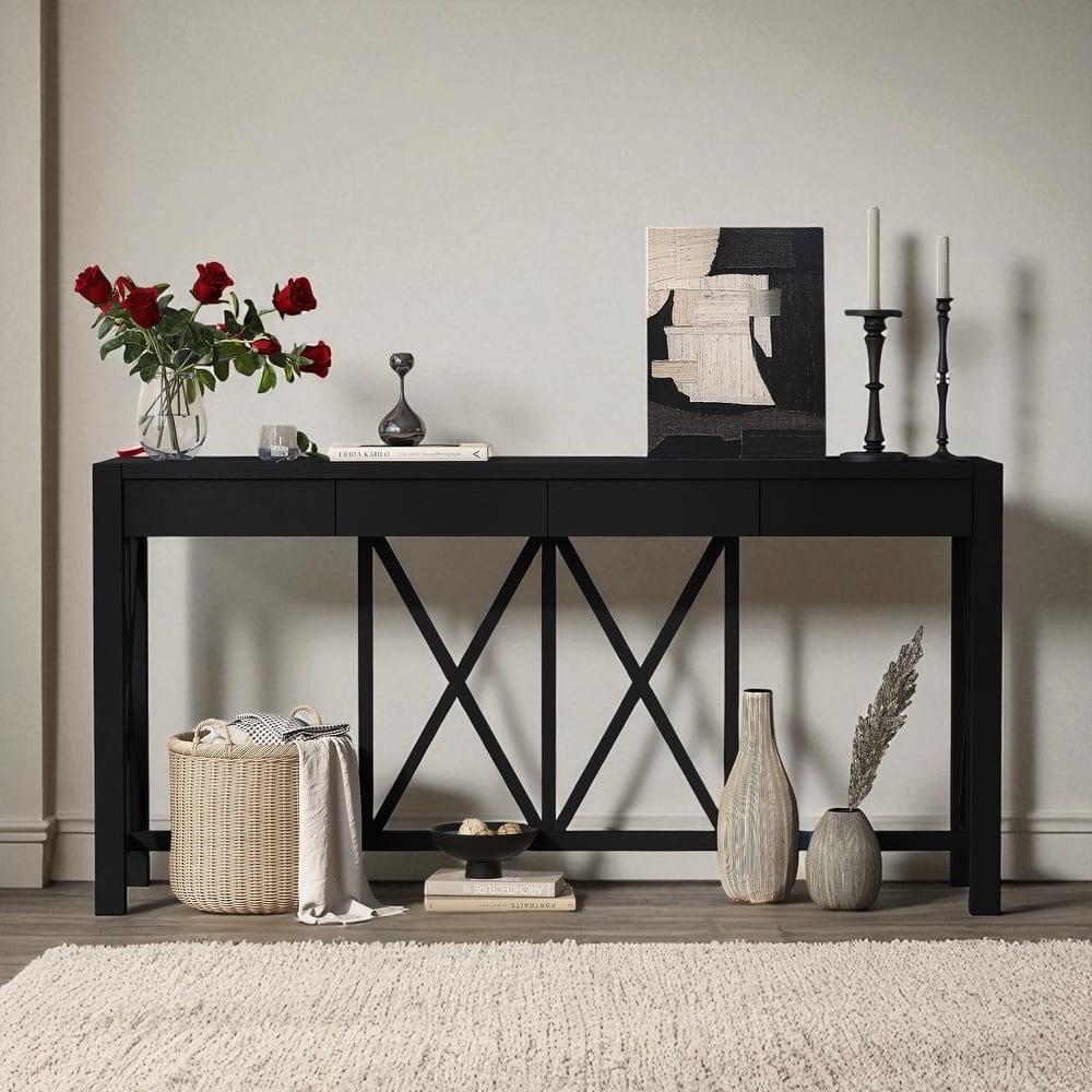 60'' Acacia Veneer Console Table with 4 Drawers and Open Shelf, Farmhouse Entryway Table with Cross Legs
