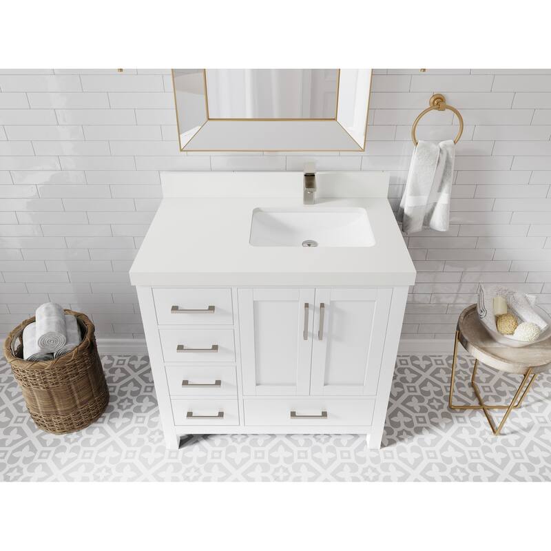 Willow Collections 36 in. W x 22 in. D Malibu Right Offset Sink Bathroom Vanity with Countertop - 2" White Quartz - White