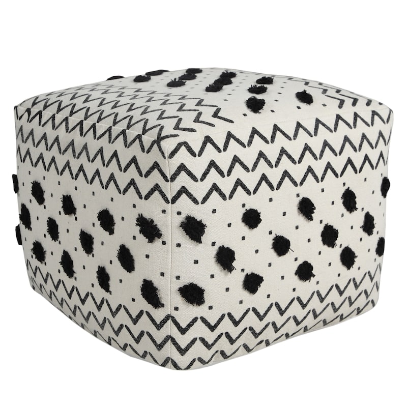 18 Inch White Cotton Chevron Pouf Ottoman for Living Room or Bedroom
