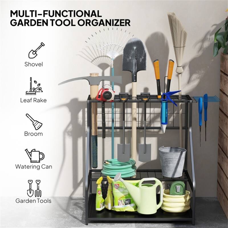 3 Tier Garden Tool Storage Rack Metal Organizer with Hooks and Shelves for Indoor and Outdoor Use - 33.1" L x 20.9" W x 28.7" H