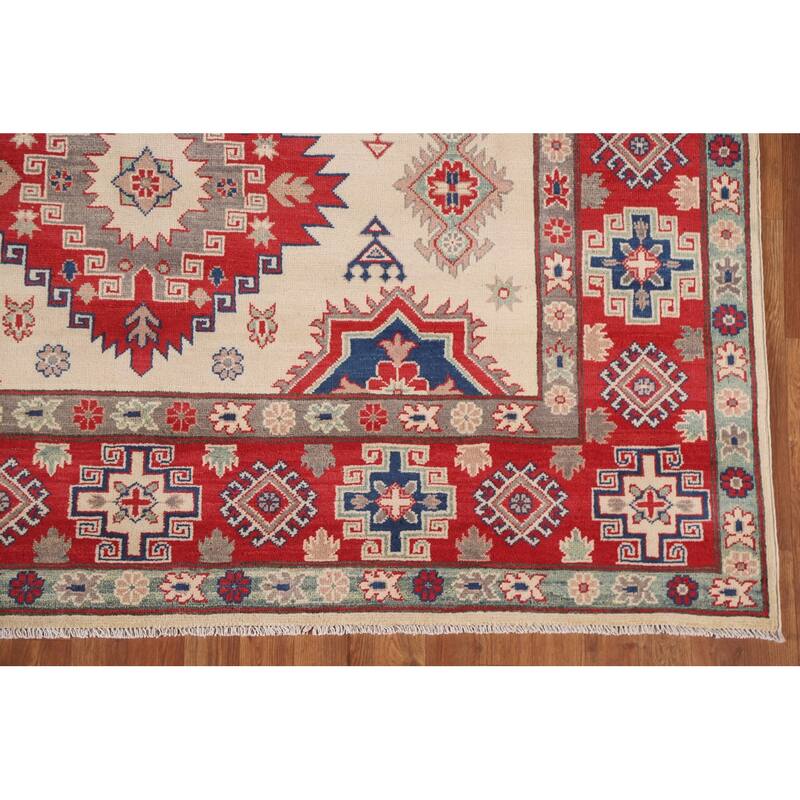 Hand Knotted Oriental 100% Wool Carpet Traditional Geometric Beige & Ivories Kazak Area Rug - 9' 9'' X 6' 8''