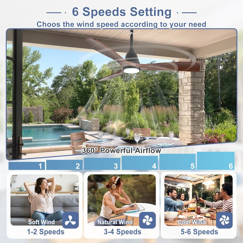 Outdoor Ceiling Fan with Light: Plug-in Hanging Fan, Remote App Control, 3CCT, 6-Speed