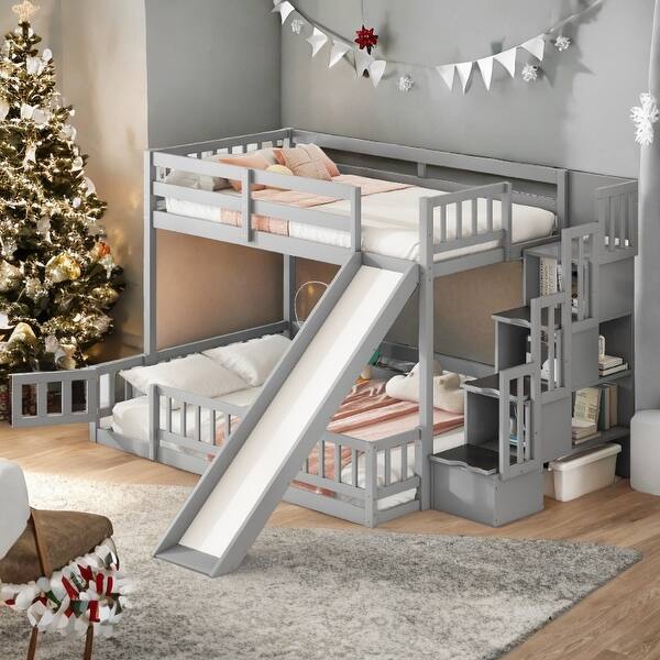 slide 2 of 20, Twin Over Full Bunk Bed with Slide,Storage Staircase Grey