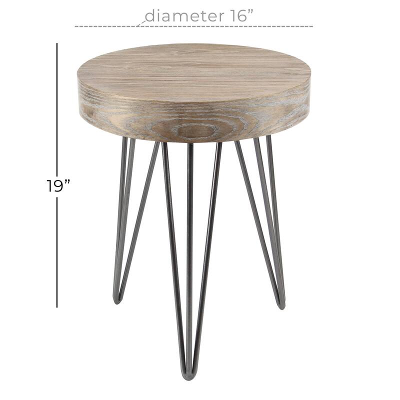 Brown Wooden Accent Table with Black Metal Hairpin Legs - 16 x 16 x 19Round