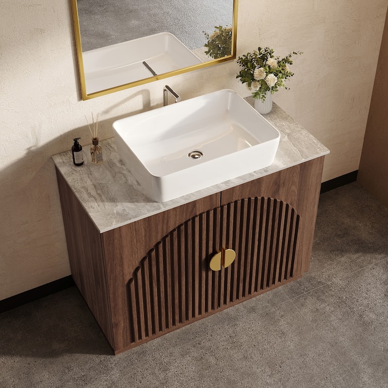 36" Mid - Century Modern Bathroom Vanity With Single Sink Grille Door & Gold Accents