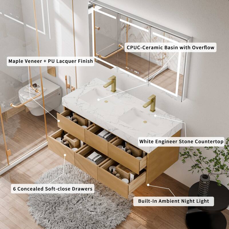 Modland 48" Floating Bathroom Vanity with Single/Double Sink, Modern Maple Wood Wall Mounted Vanity with Marble Countertop