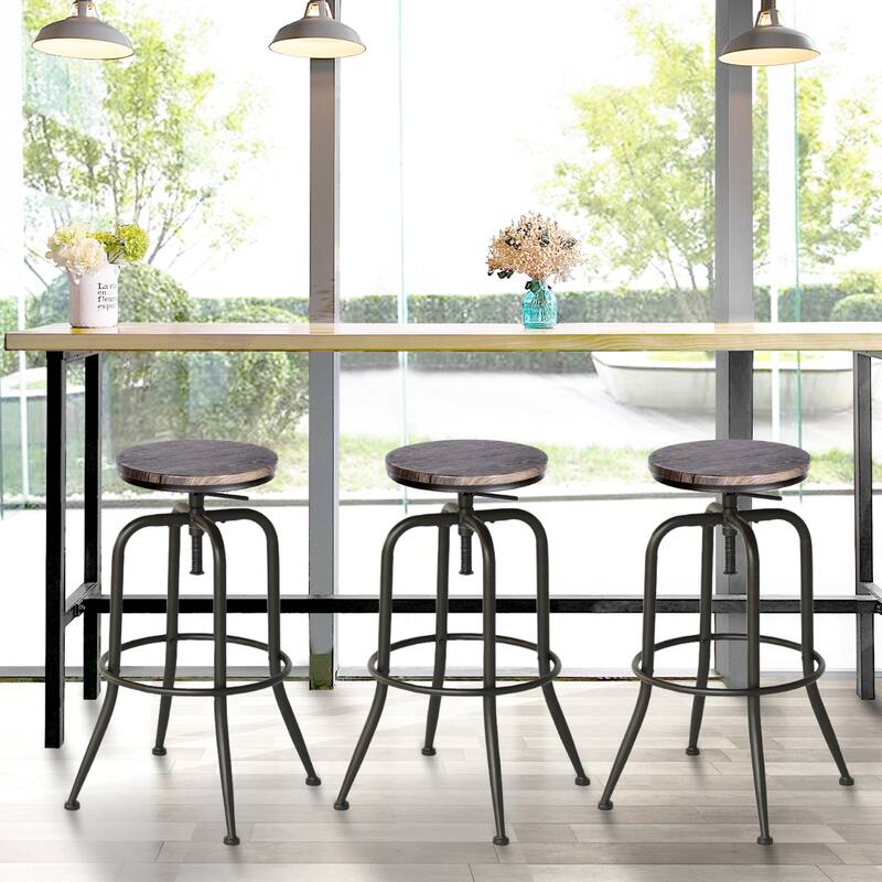 Set of 2 Adjustable Height Swivel Bar Stools with Footrest and Backless Round Wood Seat for Kitchen Island