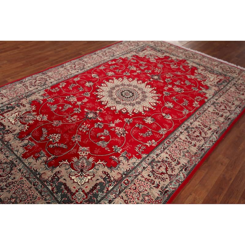 Red Medallion Kashan Turkish Rug Machine-Made Floral Carpet - 6'4" x 9'8"