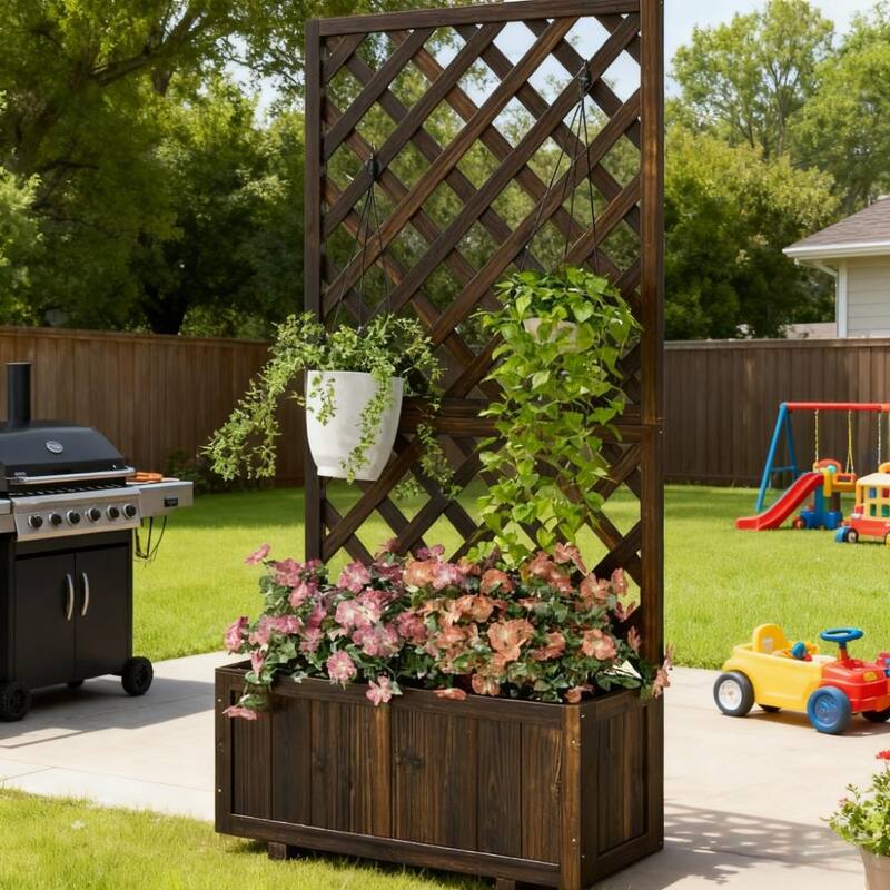 Rustic Wood Raised Garden Bed, Trellis and Drainage for Outdoor Use