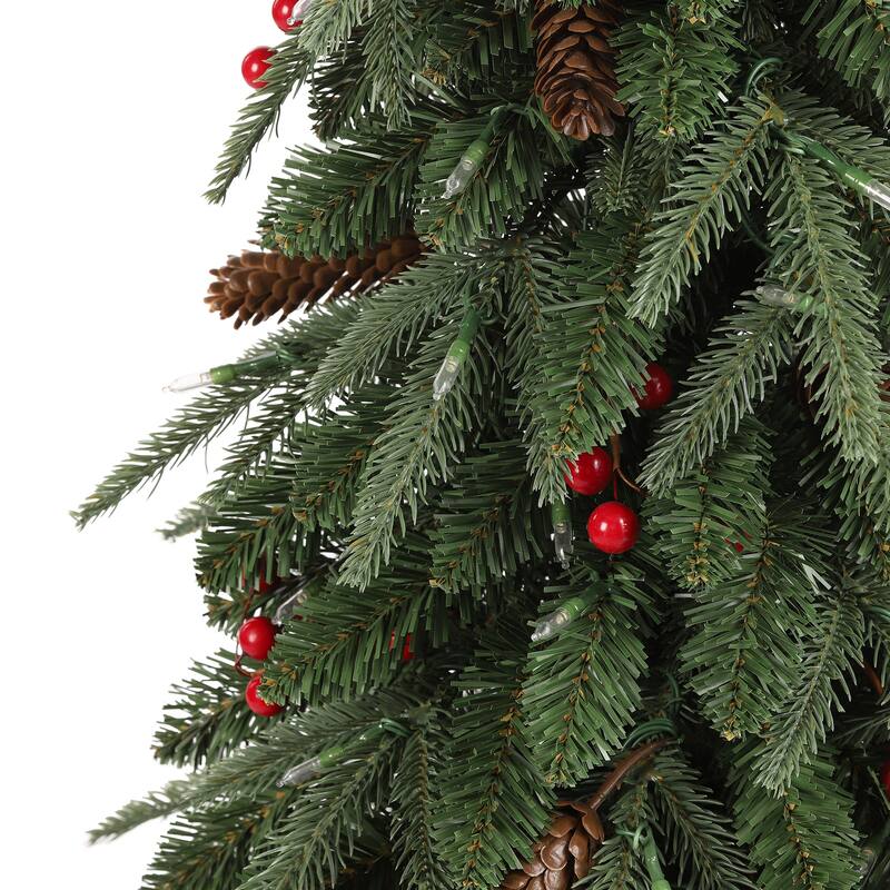 3 Piece 4ft&6ft&7ft Pre-lit Artificial Christmas Tree with Red Berries, Pinecones and LED Lights Porch Decor by Glitzhome