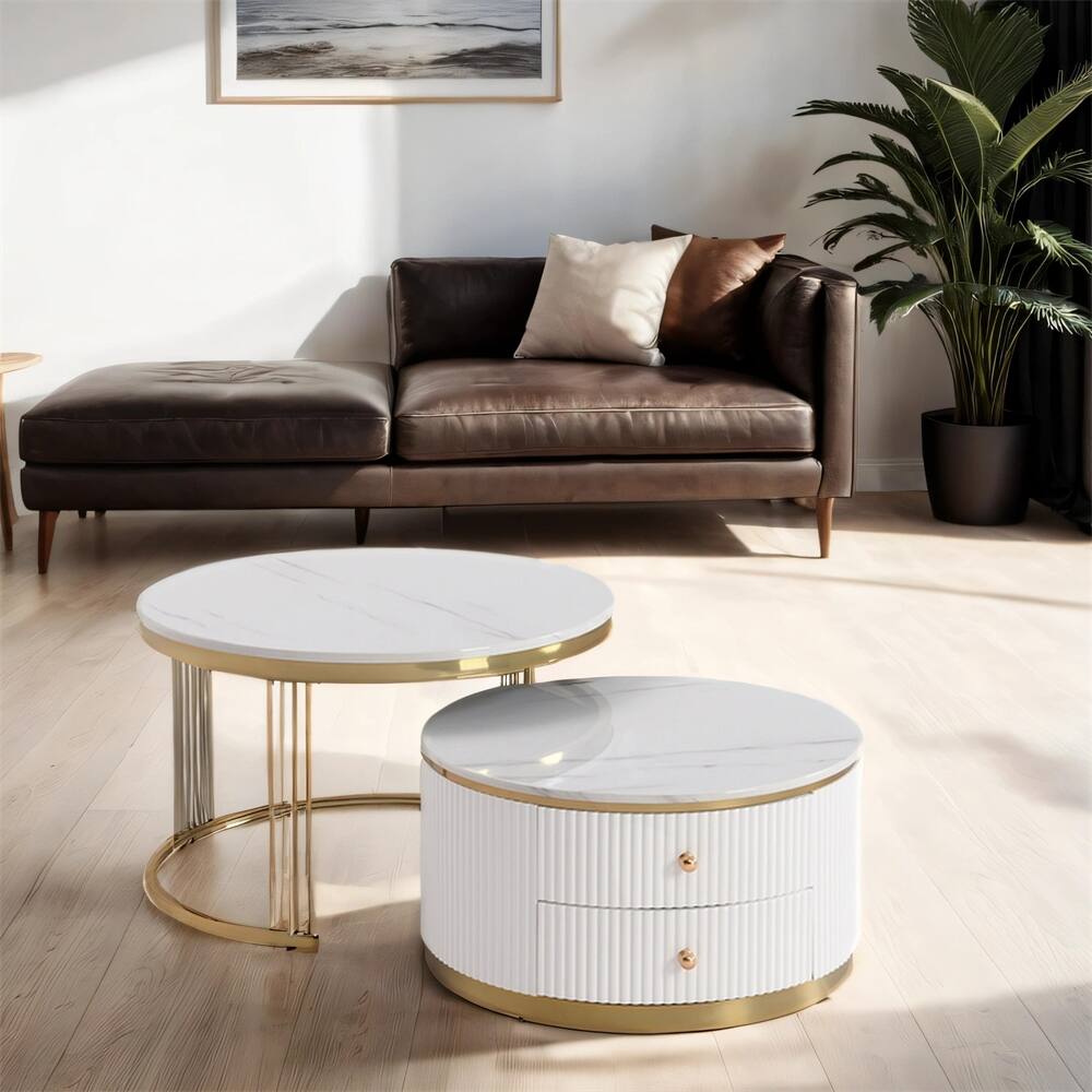 27.6" 2 Pieces Wood Round Nesting Coffee Table with Drawers