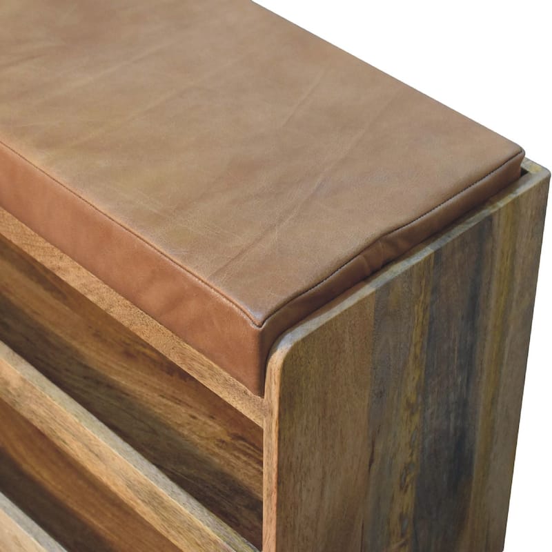 Artisan Furniture Solid Wood Buffalo Hide Pull out Oak-ish Shoe Storage Bench, Brown
