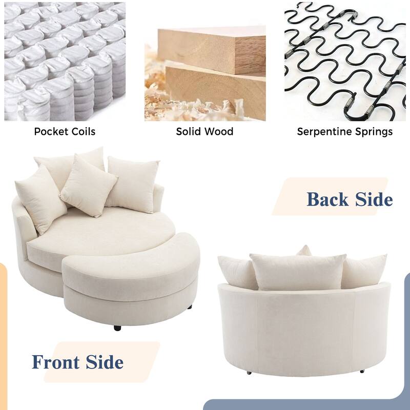 Roomfitters Modern 360° Swivel Barrel Chair with Hidden Storage Ottoman, Chenille Upholstery and Four Pillows