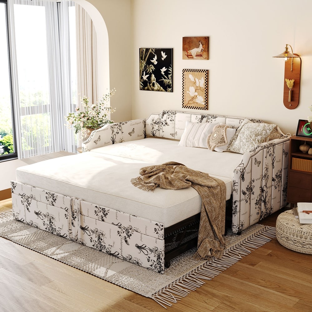 Twin Upholstered Daybed with Pop-Up Trundle, USB Charging Ports, Convertible Sofa Bed