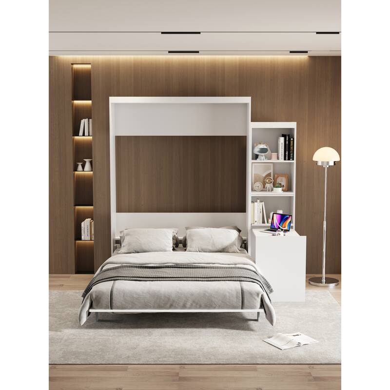 Queen Size Morden Deisgn Big Size Vertical Murphy bed with table and shelf for bedroom or Guestroom White Wall bed - White