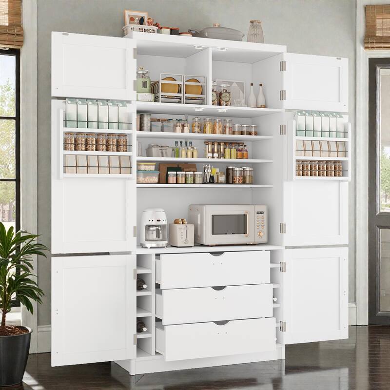 80.1'' Tall Kitchen Pantry Cabinet, Shaker Storage Cupboard w/ Power Outlets, Drawers, Wine Rack, Adjustable Shelves