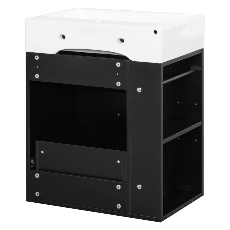 20 Inch Wall-mounted Bathroom Vanity with Ceramic Sink, Floating Bathroom Vanity Cabinet with Side Shelf for Small Bathrooms