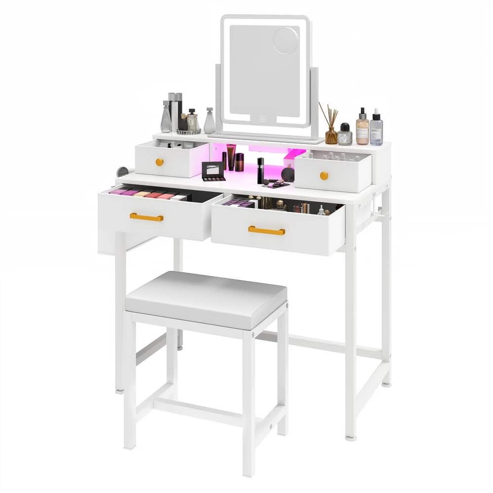 Vanity Desk with Mirror & Lights, Cream White Makeup Table Set with Stool - 31.5''W X 21.5''D X 30''H