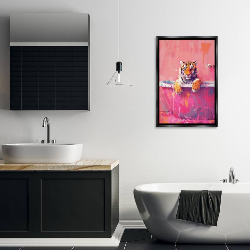 Stupell Bright Bathing Tiger in Tub Framed Floater Canvas Wall Art Design By LSR Design Studio