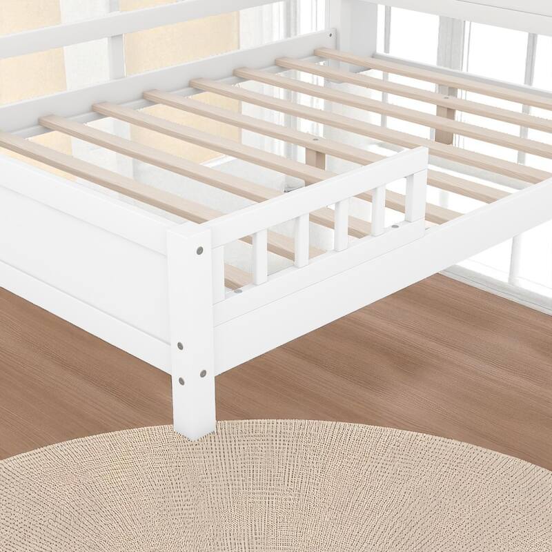 Twin/Full Size Wood Platform Bed with LED Light, Storage Headboard and Guardrail, No Box Spring Needed
