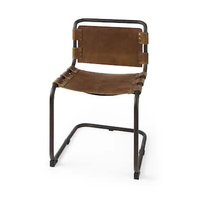 Berbick Medium Brown Genuine Leather w/ Gunmetal Iron Frame Dining Chair - 20.5"W x 24"D x 33"H
