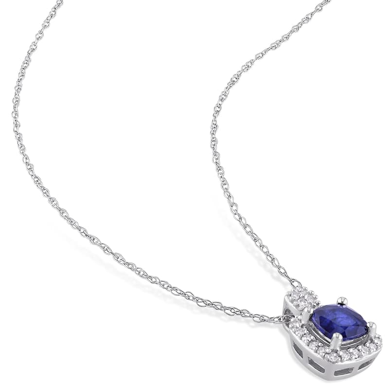 Miadora 10k White Gold Sapphire and 1/10ct TDW Diamond Square Halo Necklace - Blue