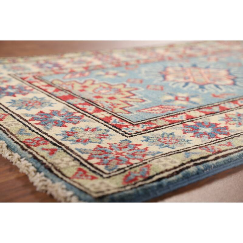 Light Blue Kazak Accent Rug Handmade Geometric Wool Carpet - 2'0" x 3'2"