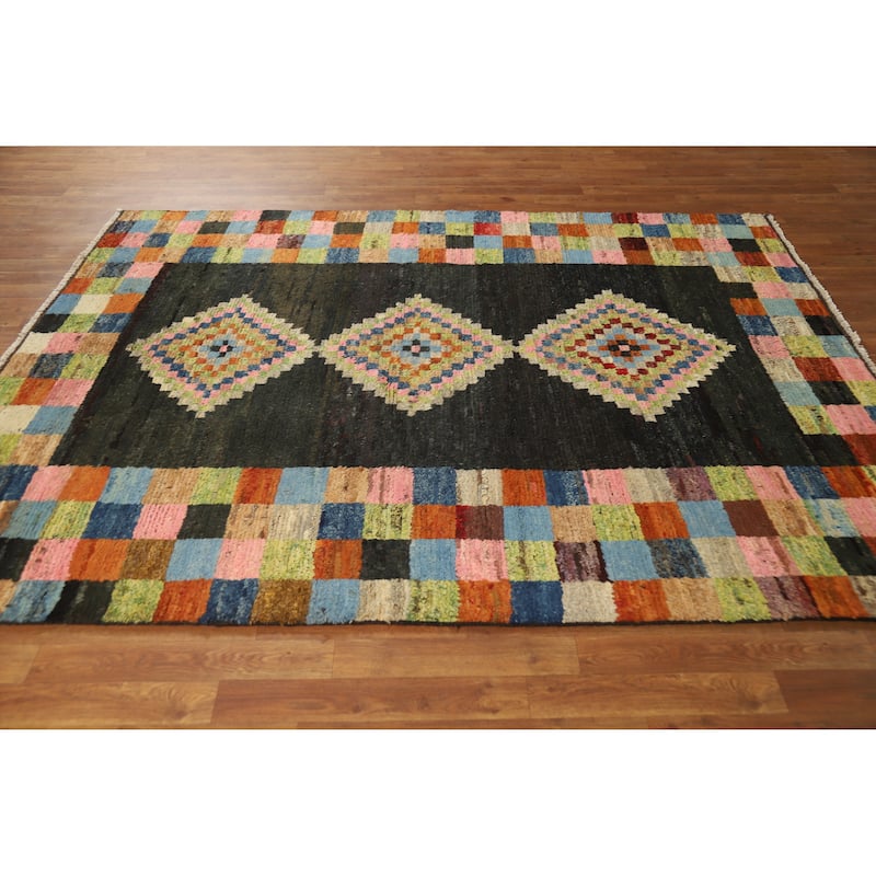Checkered Muli-Color Moroccan Oriental Area Rug Handmade Wool Carpet - 6'0" x 7'10"