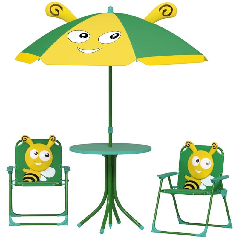 Kids Outdoor Picnic Table and Chair Set with Adjustable Umbrella Lion Pattern Foldable Table and Chairs for Ages 2-5 - D2