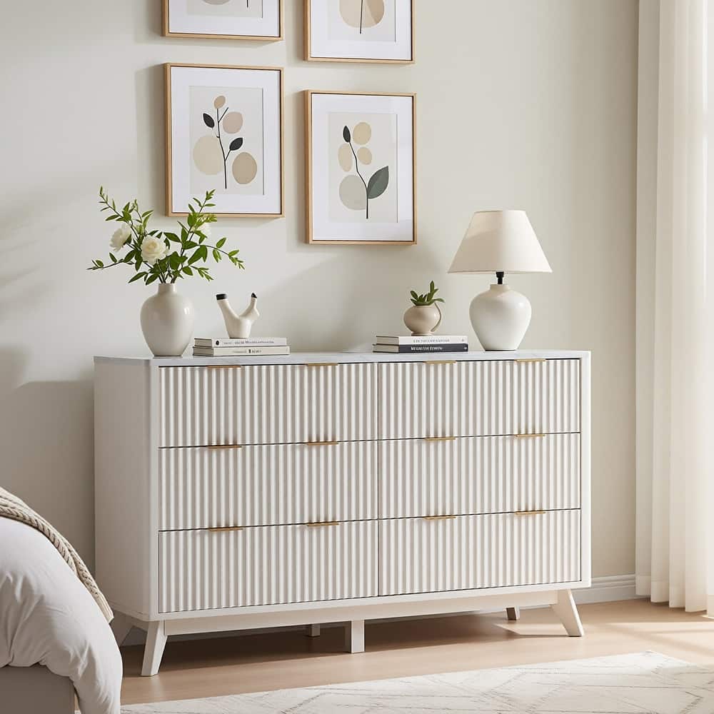 Modern Fluted 6 Drawers Dresser, Chest of Drawers, Dresser TV Stand