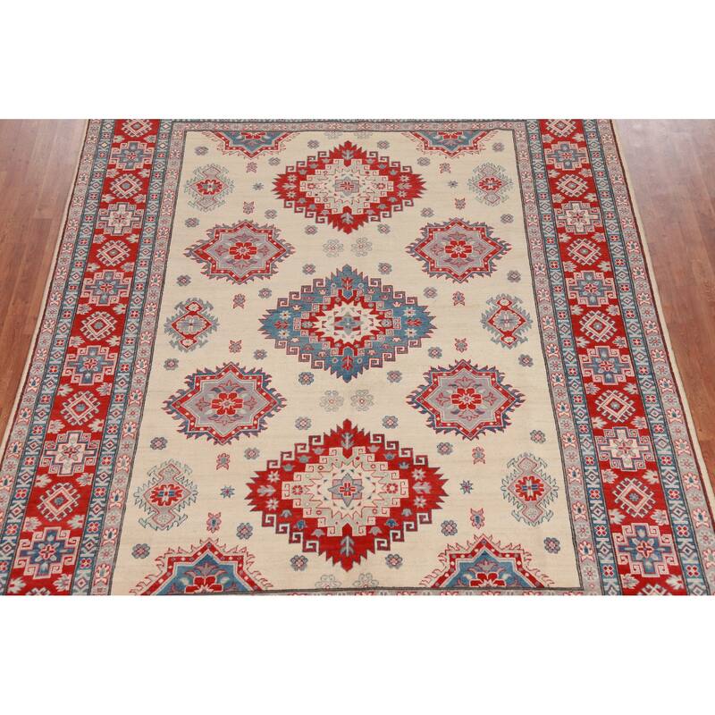 Hand Knotted Oriental 100% Wool Carpet Traditional Geometric Beige & Ivories Kazak Area Rug - 11' 1'' X 8' 4''
