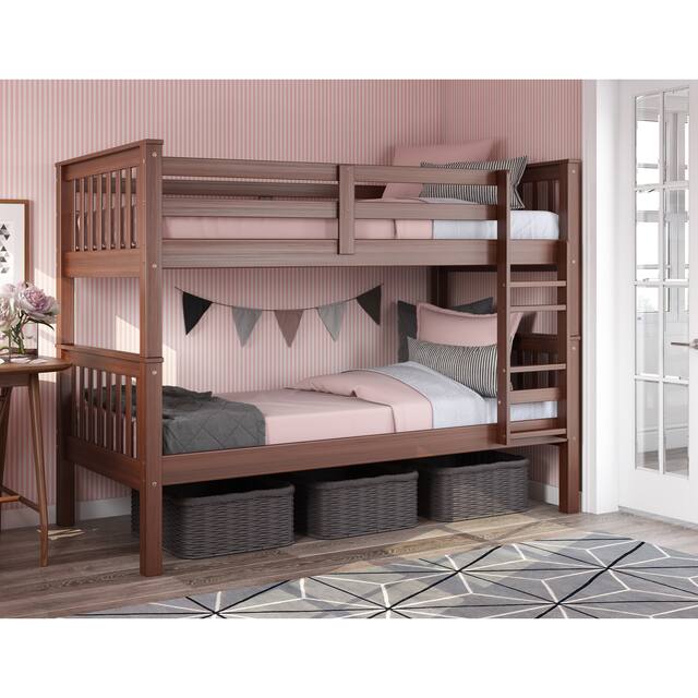 100% Solid Wood Mission Twin Over Twin Bunk Bed by Palace Imports - Mocha