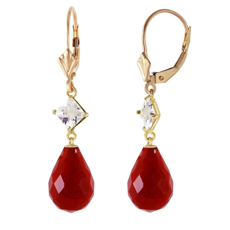 14K Solid Gold Leverback Gemstone Earrings w/ Rose Topaz & Rubies - Yellow