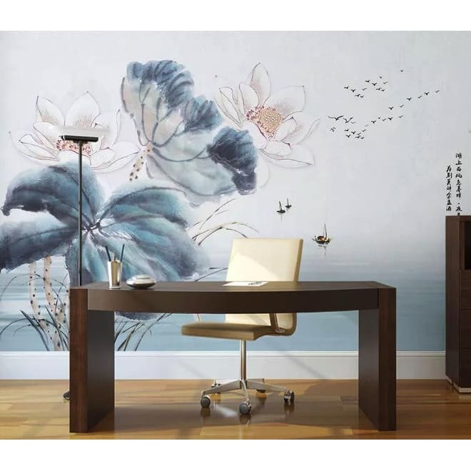 GK Wall Design Watercolor Vintage Lotus Flower Blossom Removable Wallpaper