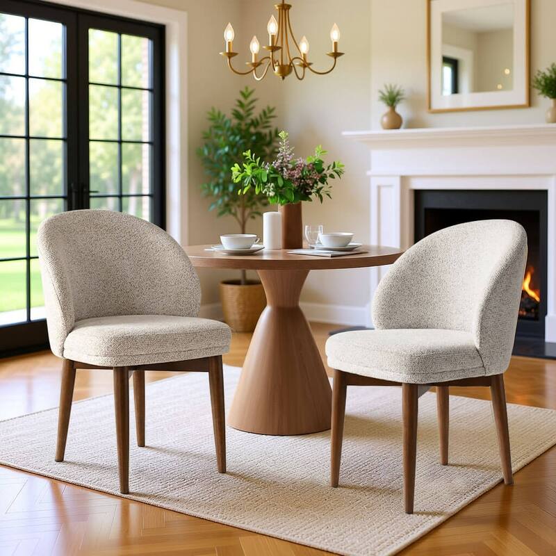 Upholstered Barrel Dining Chair With Walnut Legs (Set of 2) - Beige