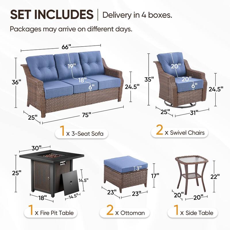 7-Piece Sofa Swivel Chairs Ottoman with 30" Firepit Table