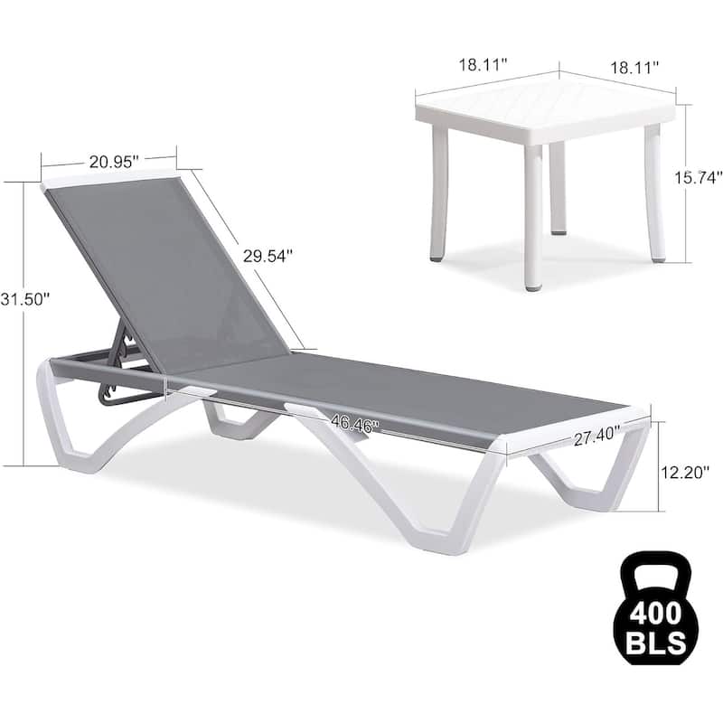 PURPLE LEAF Patio Chair Set Plastic Outdoor Chaise Lounge Chairs with Table for Outside Lawn Poolside,Grey - 76" x 27.4"x12.2"