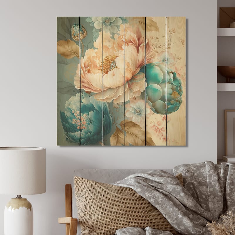 Designart 'Multi-Color Blooming Flowers V' Floral Wood Wall Art - Natural Pine Wood