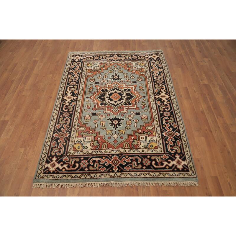 Hand Knotted Oriental 100% Wool Carpet Traditional Medallion Greys & Charcoal Heriz (serapi) Area Rug - 5' 9'' X 4' 0''