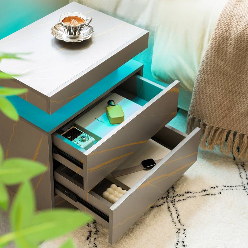 Anmytek Modern LED Nightstand,Bedside Table Cabinet Lights with 2 Drawers
