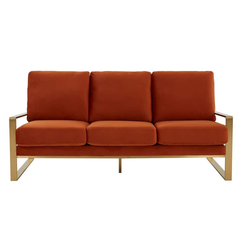 Jefferson Velvet Upholstered 3 Seater Sofa with Brushed Gold Stainless Steel Base and Removable Cushions - 77.1