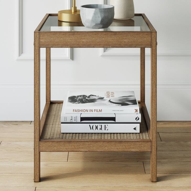 Nathan James Hayes Nightstand, Light Brown Finish, Glass Top