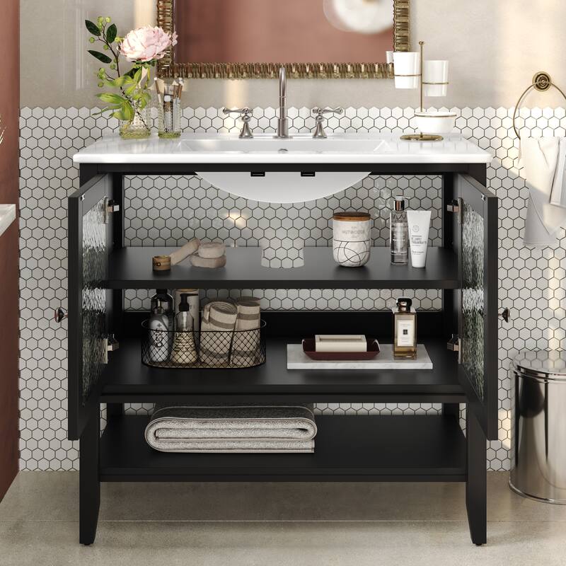 36" Storage Cabinet for Bathroom Vanity with Sink, Textured Glass Doors, Open Shelf, Silver Metal Knobs and Adjustable Shelf