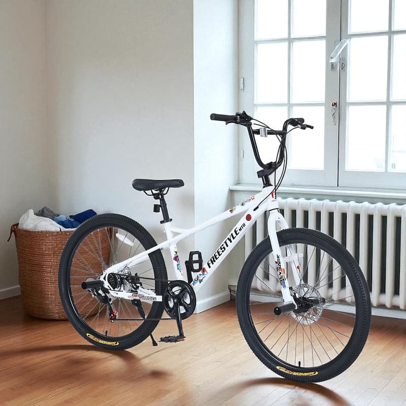 26 Inch Kids Freestyle Mountain Bike, Boys & Girls 12+, Shimano 7-Speed Steel Frame with Dual Disc Brakes