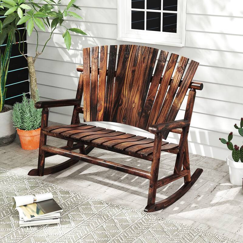 Brown Fir Pine Wood Adirondack Rocking Chair for Patio with High Back - 51" L x 38" W x 46" H