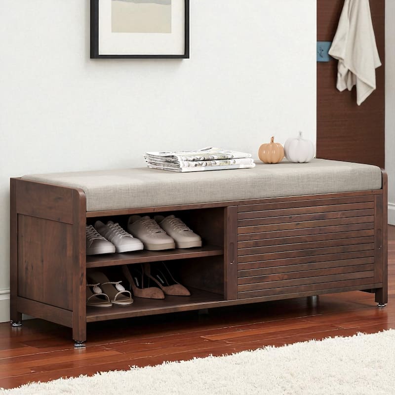 Distressed Shutter Shoe Bench with Cushion, Entryway Storage Bench with Sliding Door & Shelves, 43.3" Wide