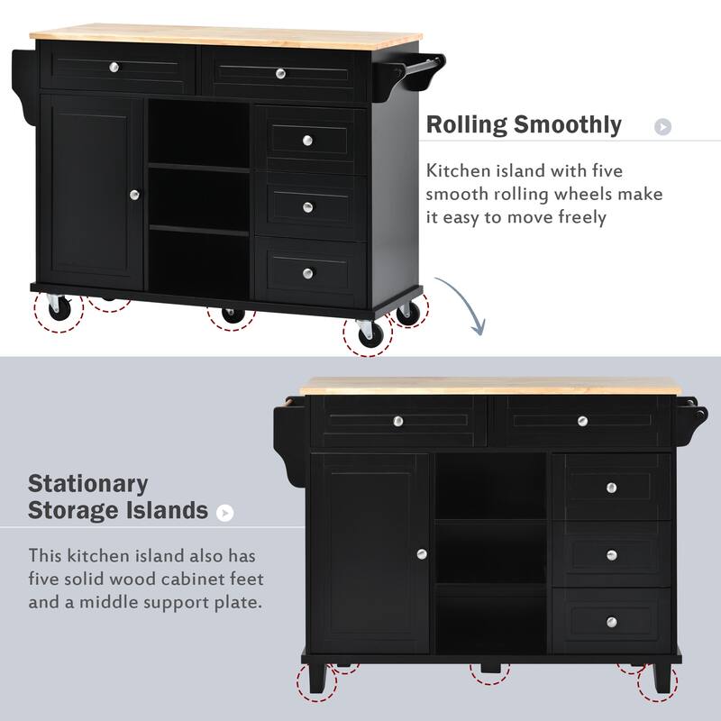 Rolling Kitchen Island Cart with Rubber Wood Top, 5 Drawers, Storage Cabinet & Adjustable Shelves - 53" Black