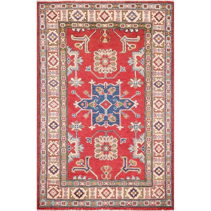 Geometric Red Kazak Oriental Accent Rug Handmade Wool Carpet - 3'4" x 5'0"