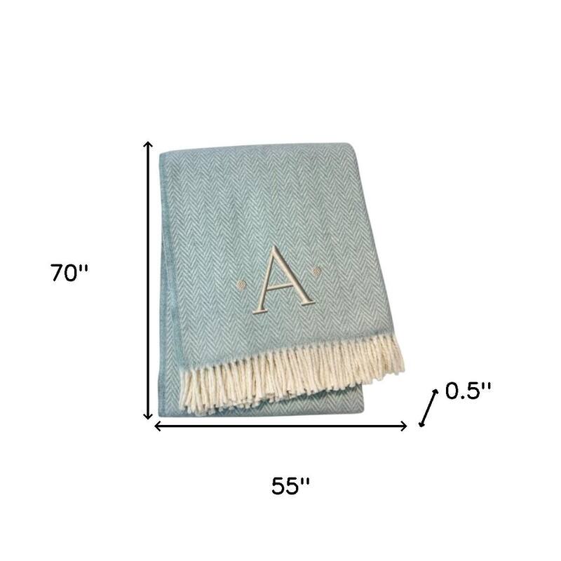 55" X 70" Sky Blue And White Herringbone Cotton Blend S Initial Throw Blanket with Tassels And Embroidery